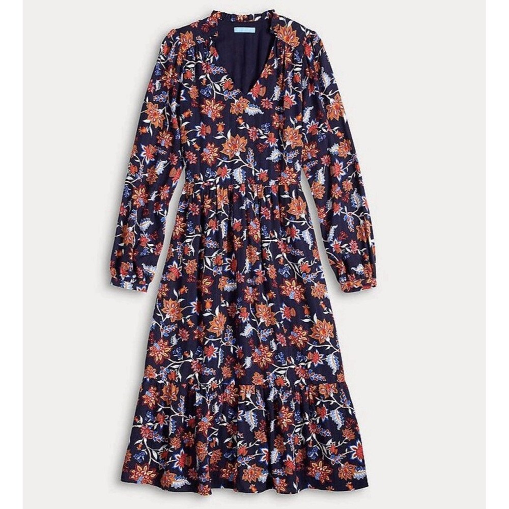 NWT Draper James Womens Midi Dress Sz XL Blue Floral Long Sleeve V Neck Wedding - Picture 1 of 12